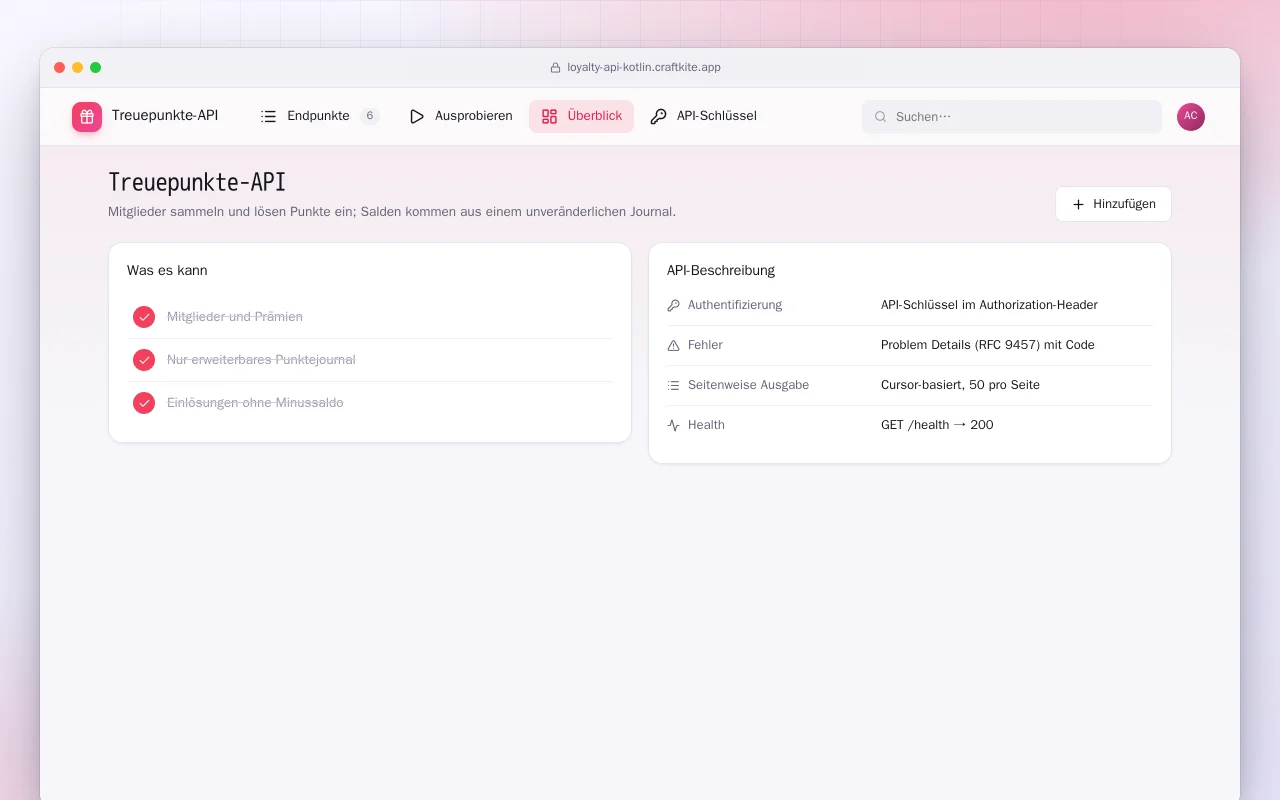 Treuepunkte-API (Kotlin + Spring Boot): der Bildschirm „Treuepunkte-API“