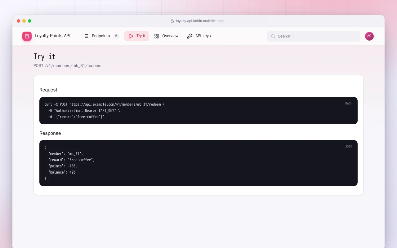 Loyalty Points API (Kotlin + Spring Boot): the Try it screen