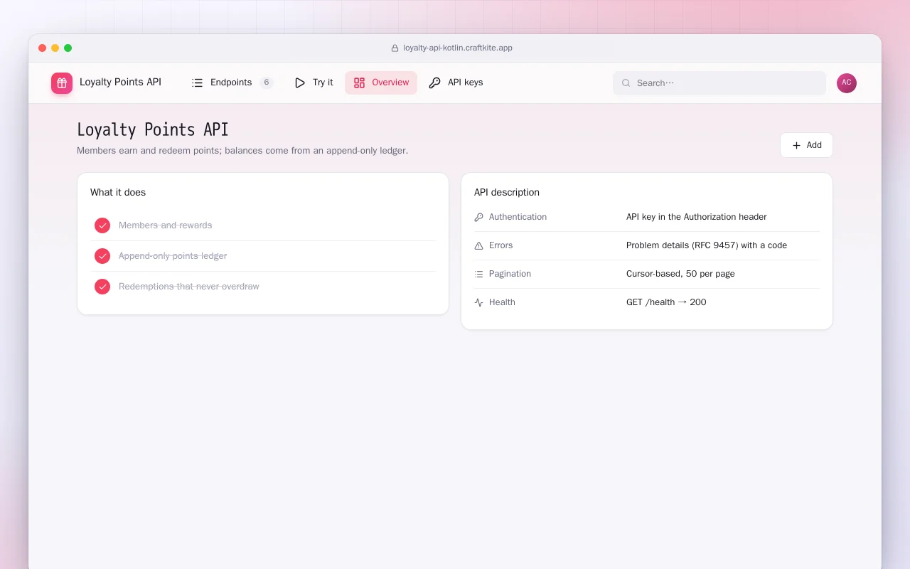 Loyalty Points API (Kotlin + Spring Boot): the Loyalty Points API screen