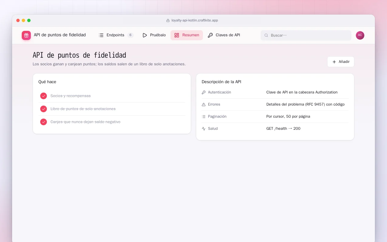 API de puntos de fidelidad (Kotlin + Spring Boot): la pantalla API de puntos de fidelidad