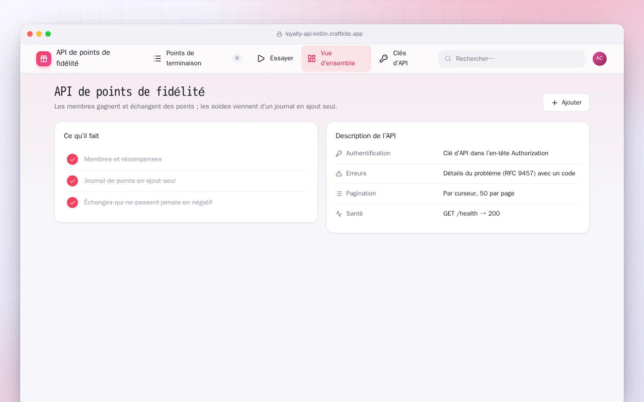 API de points de fidélité (Kotlin + Spring Boot) : l’écran API de points de fidélité