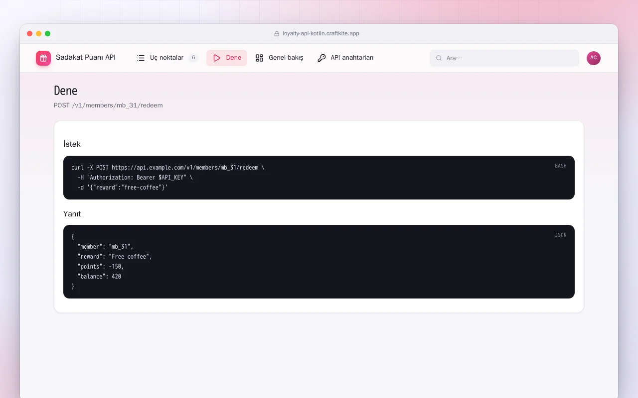 Sadakat Puanı API (Kotlin + Spring Boot): Dene ekranı