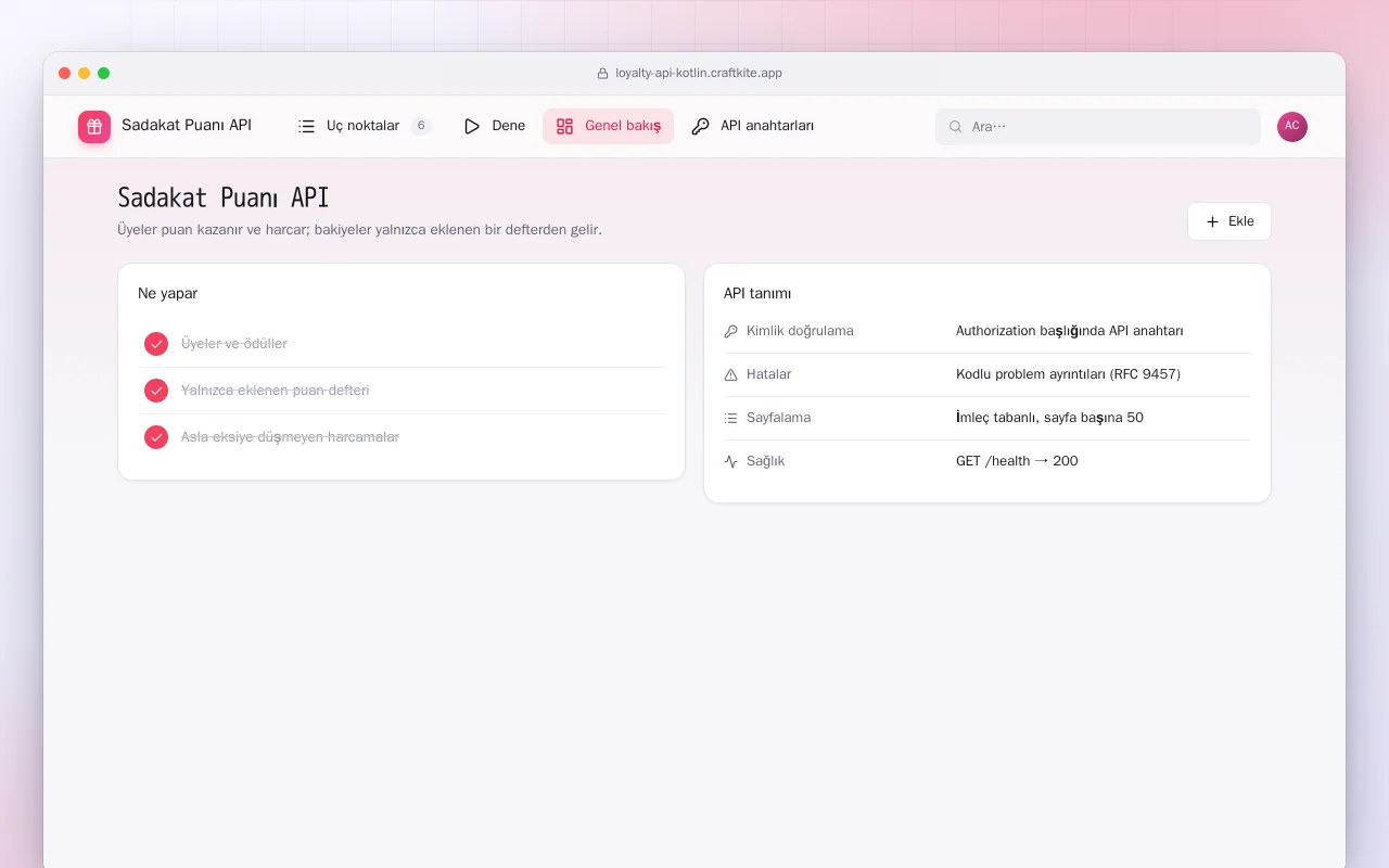 Sadakat Puanı API (Kotlin + Spring Boot): Sadakat Puanı API ekranı