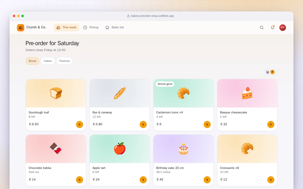 Bakery pre-order and pickup: the Pre-order for Saturday screen