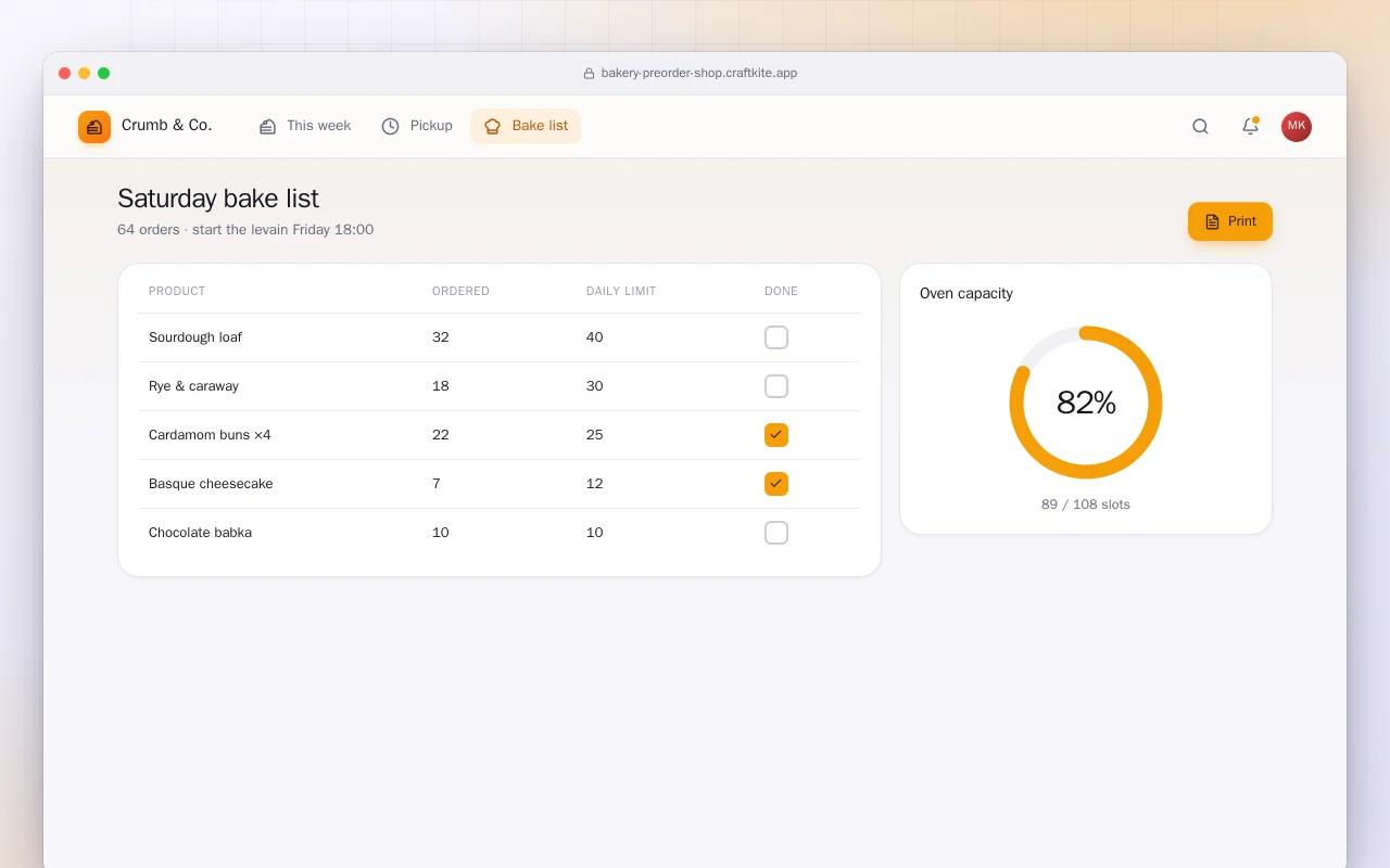 Bakery pre-order and pickup: the Saturday bake list screen