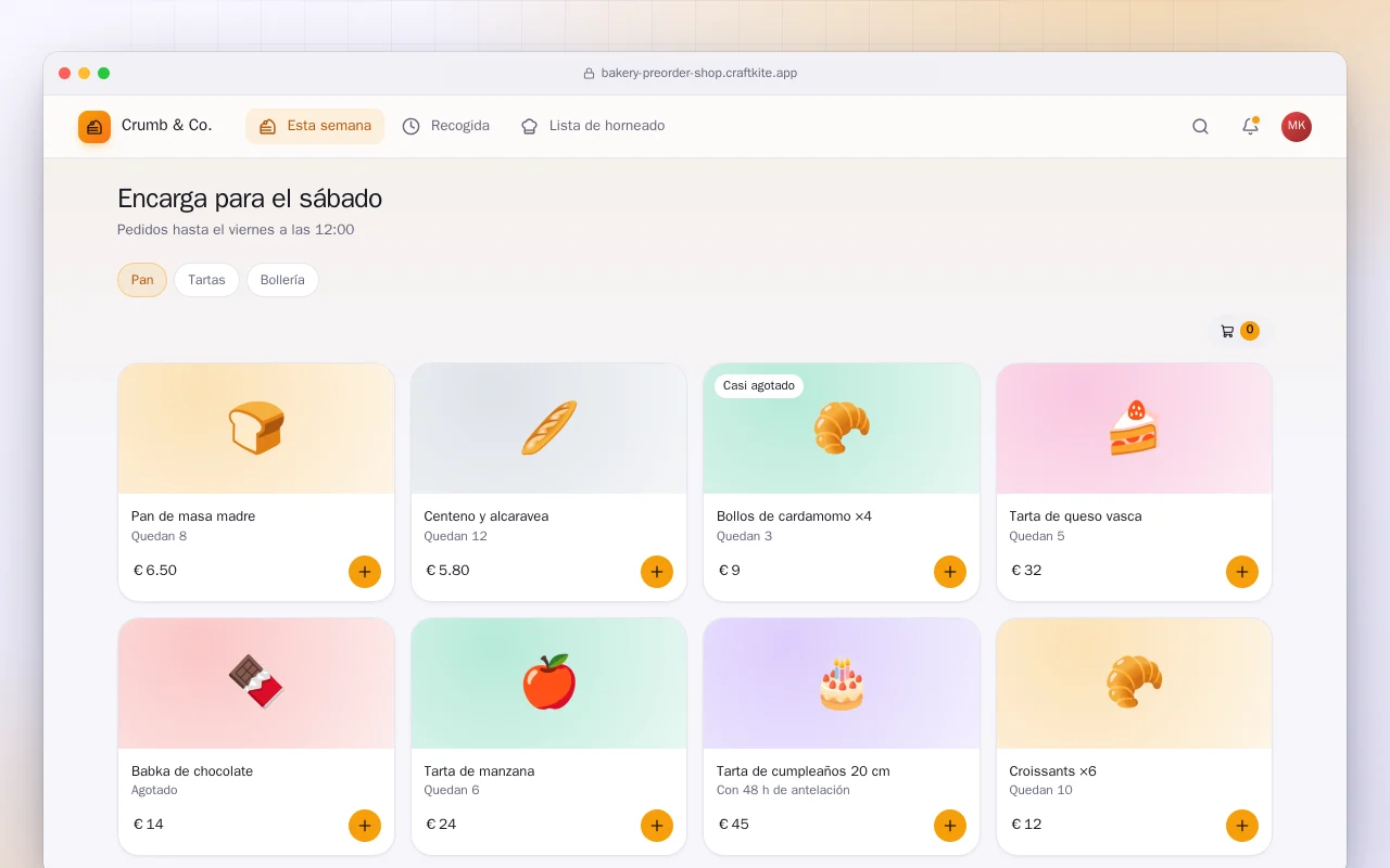 Encargos y recogida para panaderías: la pantalla Encarga para el sábado