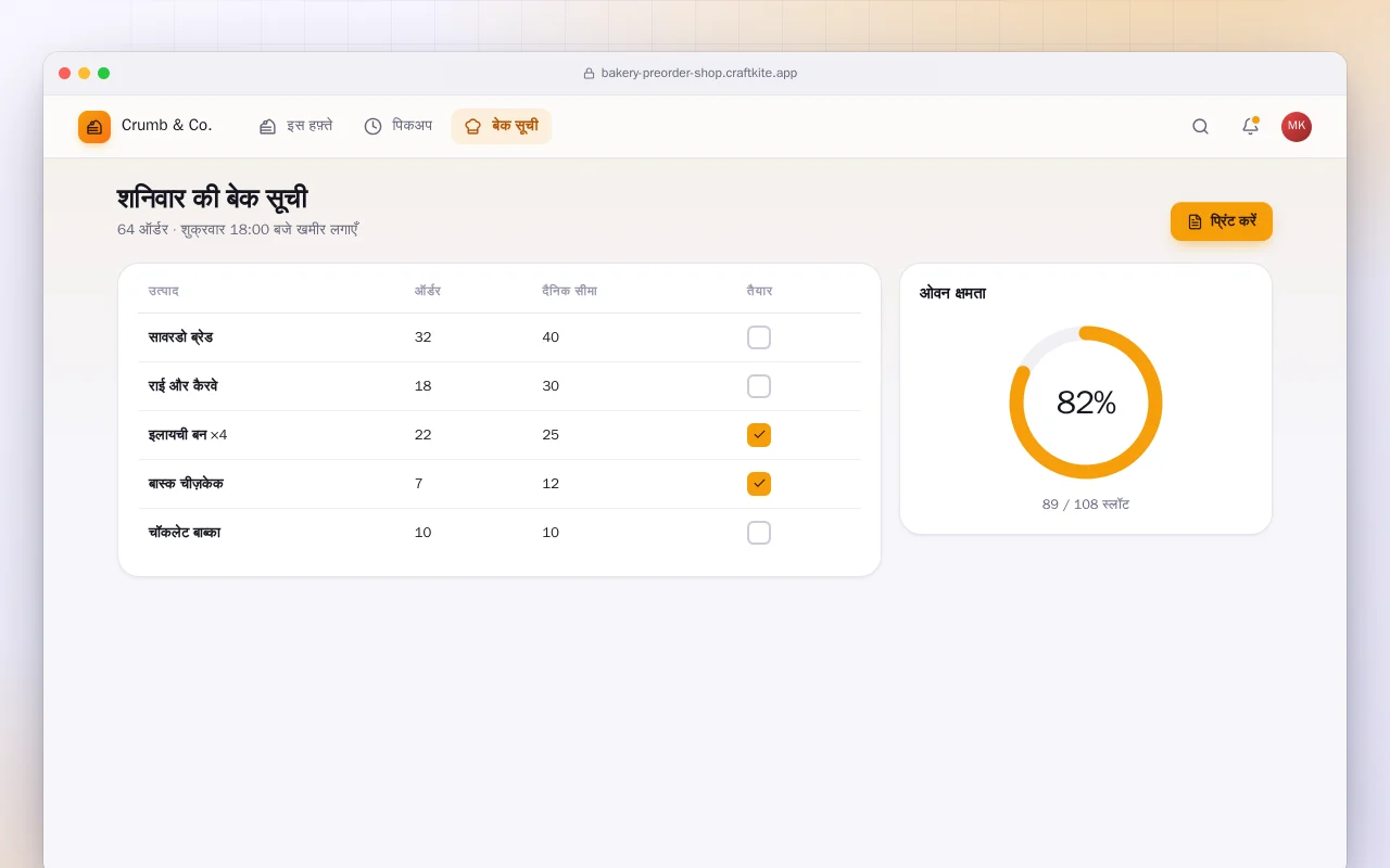बेकरी प्री-ऑर्डर और पिकअप: शनिवार की बेक सूची स्क्रीन