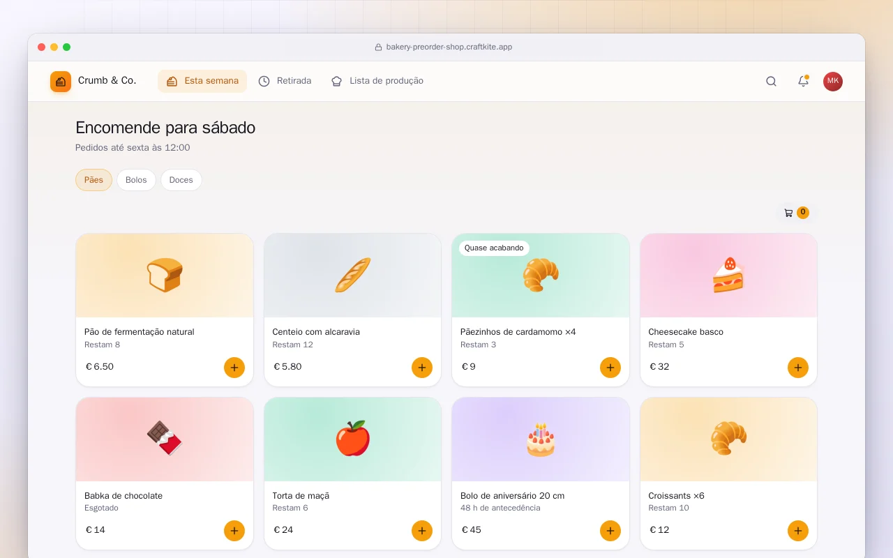 Encomendas e retirada na padaria: a tela Encomende para sábado