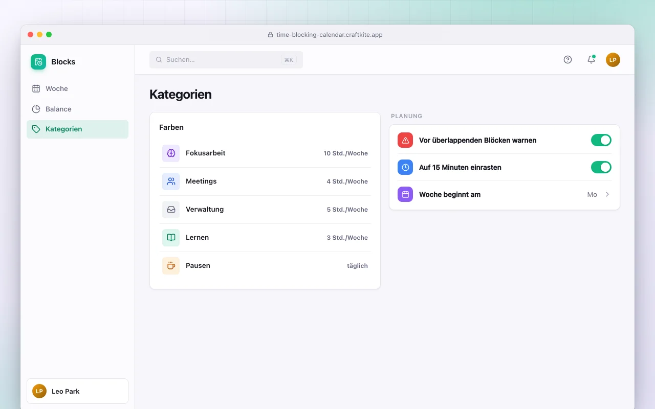 Time-Blocking-Kalender: der Bildschirm „Kategorien“