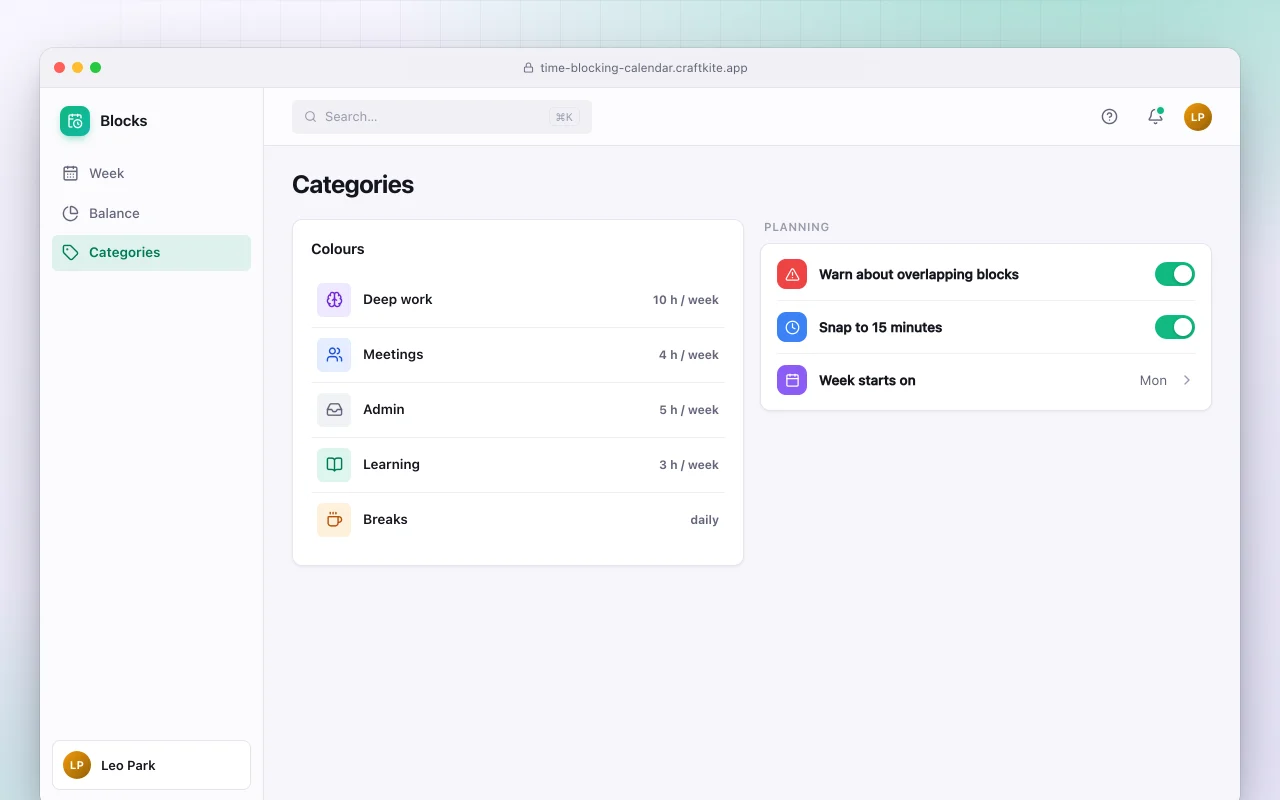 Time blocking calendar: the Categories screen