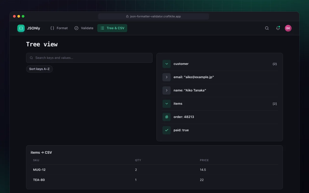 JSON formatter and validator: the Tree view screen