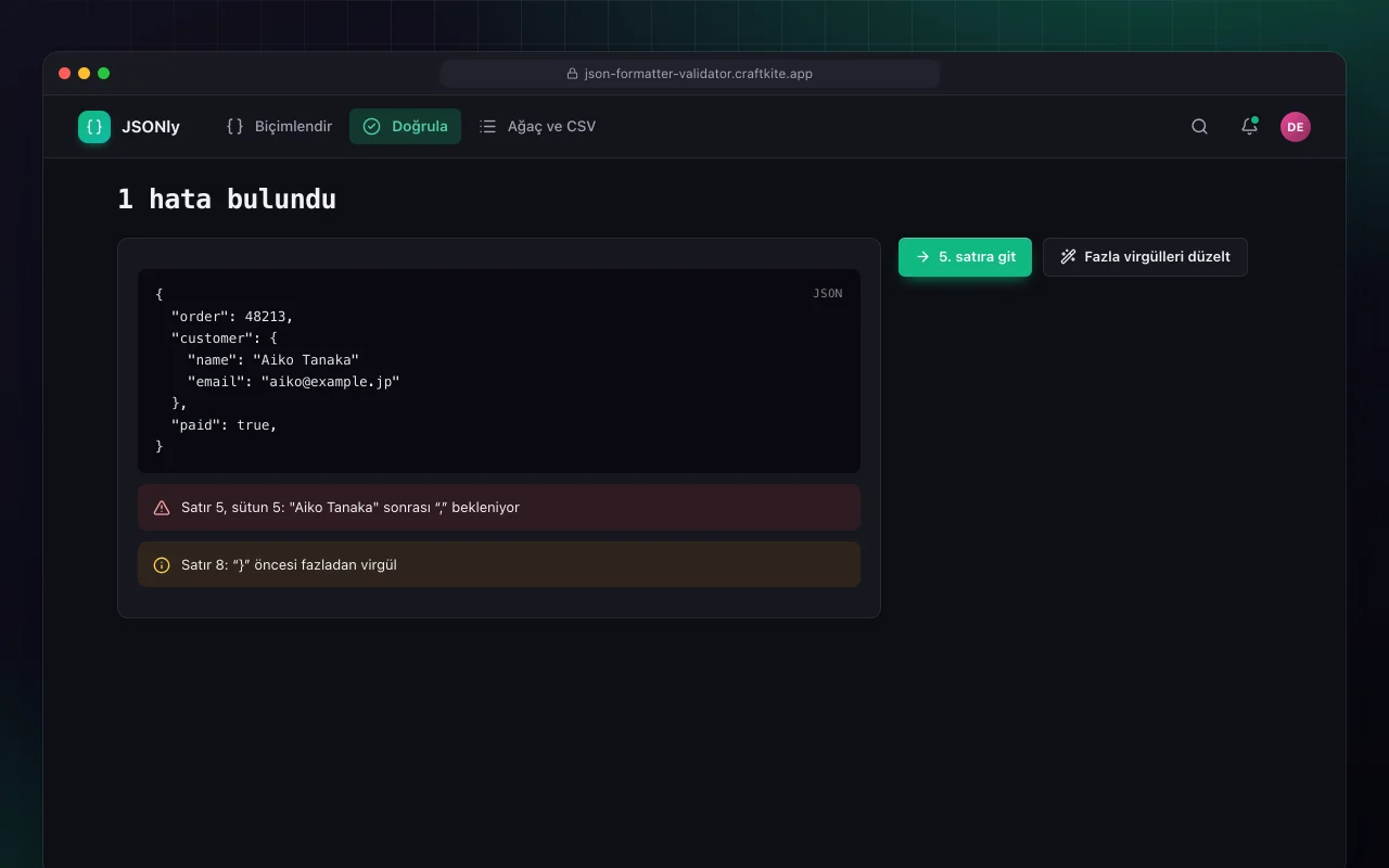 JSON biçimlendirici ve doğrulayıcı: 1 hata bulundu ekranı