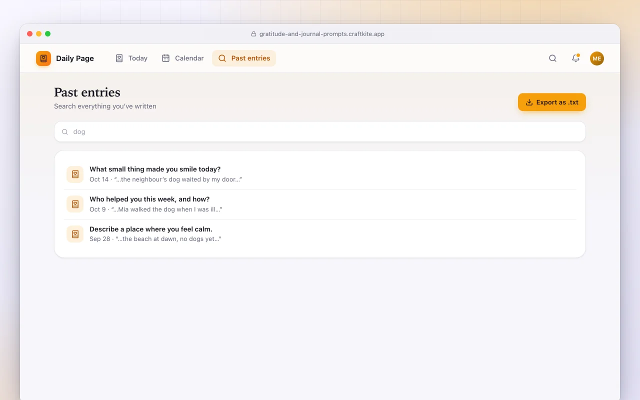 Daily reflection prompts: the Past entries screen