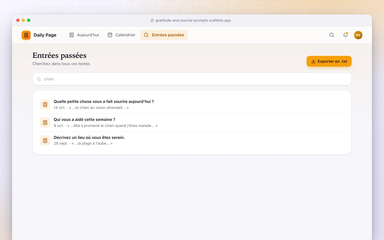 Questions de réflexion quotidiennes : l’écran Entrées passées
