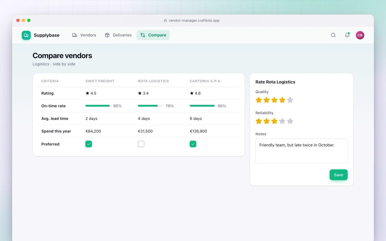 Vendor manager: the Compare vendors screen