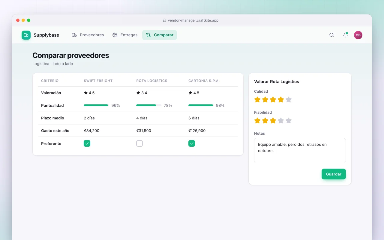 Gestor de proveedores: la pantalla Comparar proveedores