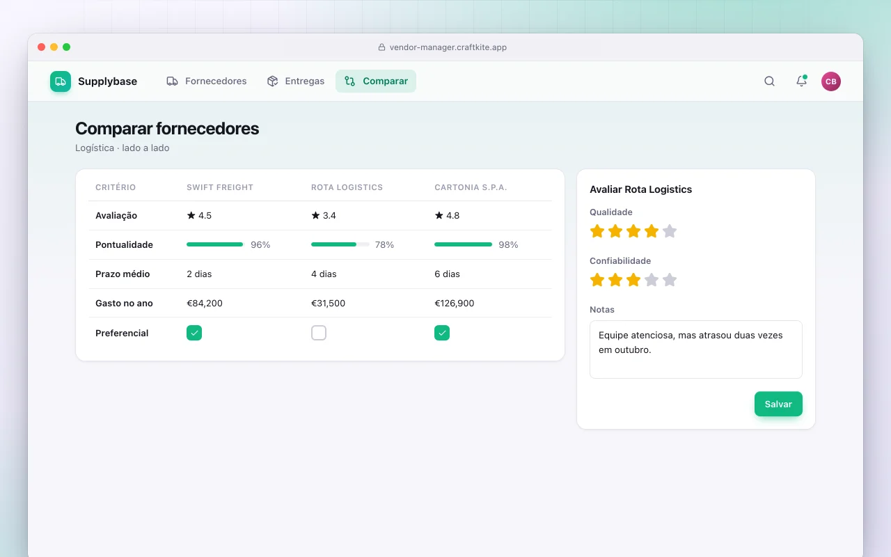 Gestão de fornecedores: a tela Comparar fornecedores
