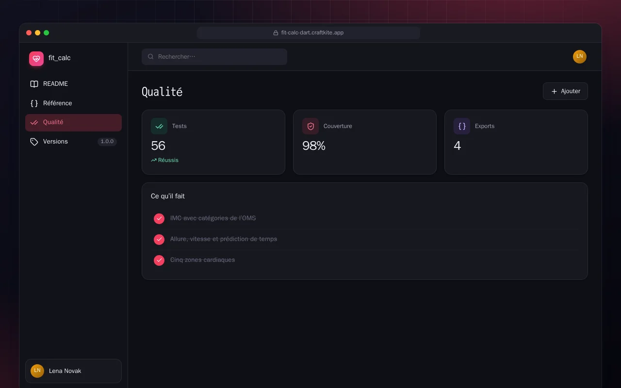 Fit Calc (Dart) : l’écran Qualité