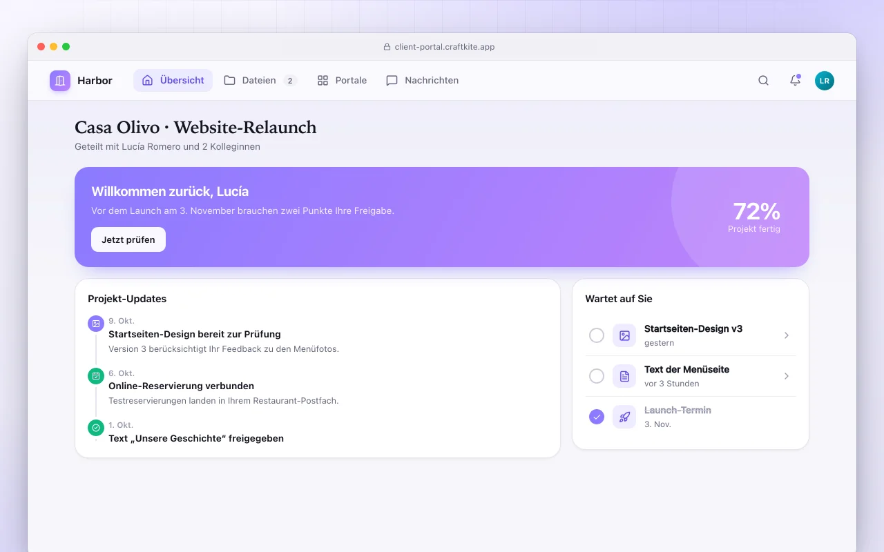 Kundenportal: der Bildschirm „Casa Olivo · Website-Relaunch“
