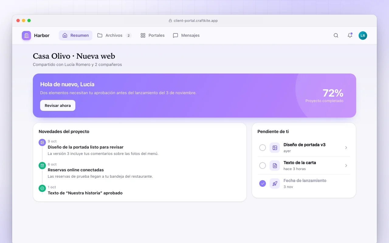 Portal de clientes: la pantalla Casa Olivo · Nueva web