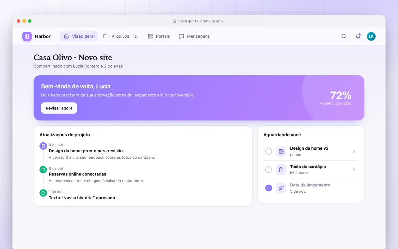 Portal do cliente: a tela Casa Olivo · Novo site