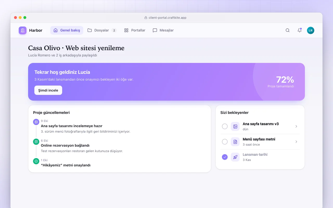Müşteri portalı: Casa Olivo · Web sitesi yenileme ekranı