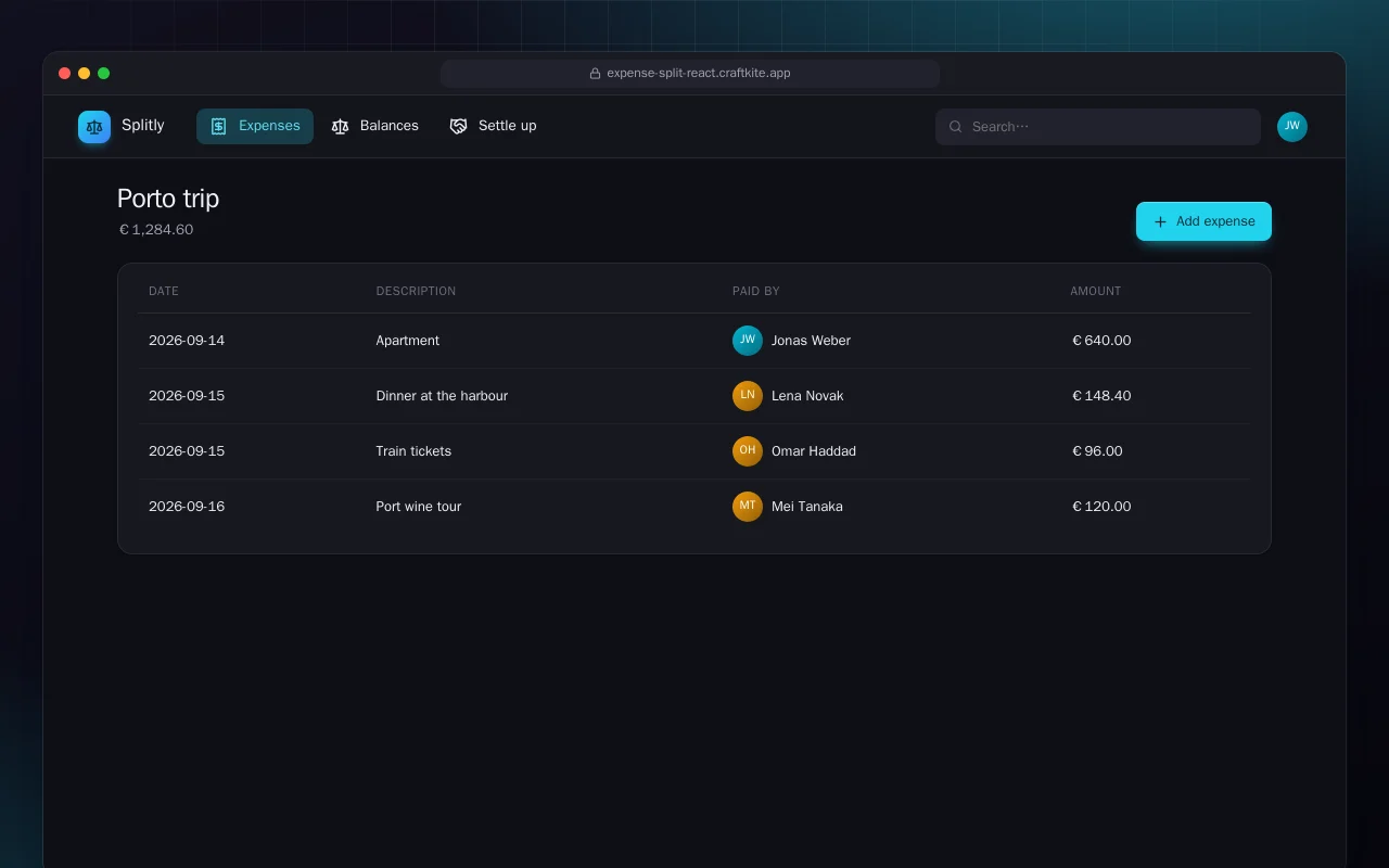 Split Expenses (React): the Porto trip screen