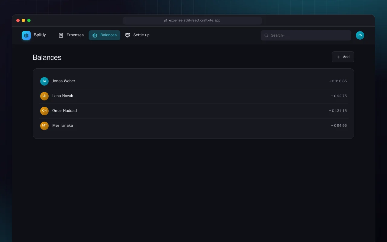 Split Expenses (React): the Balances screen