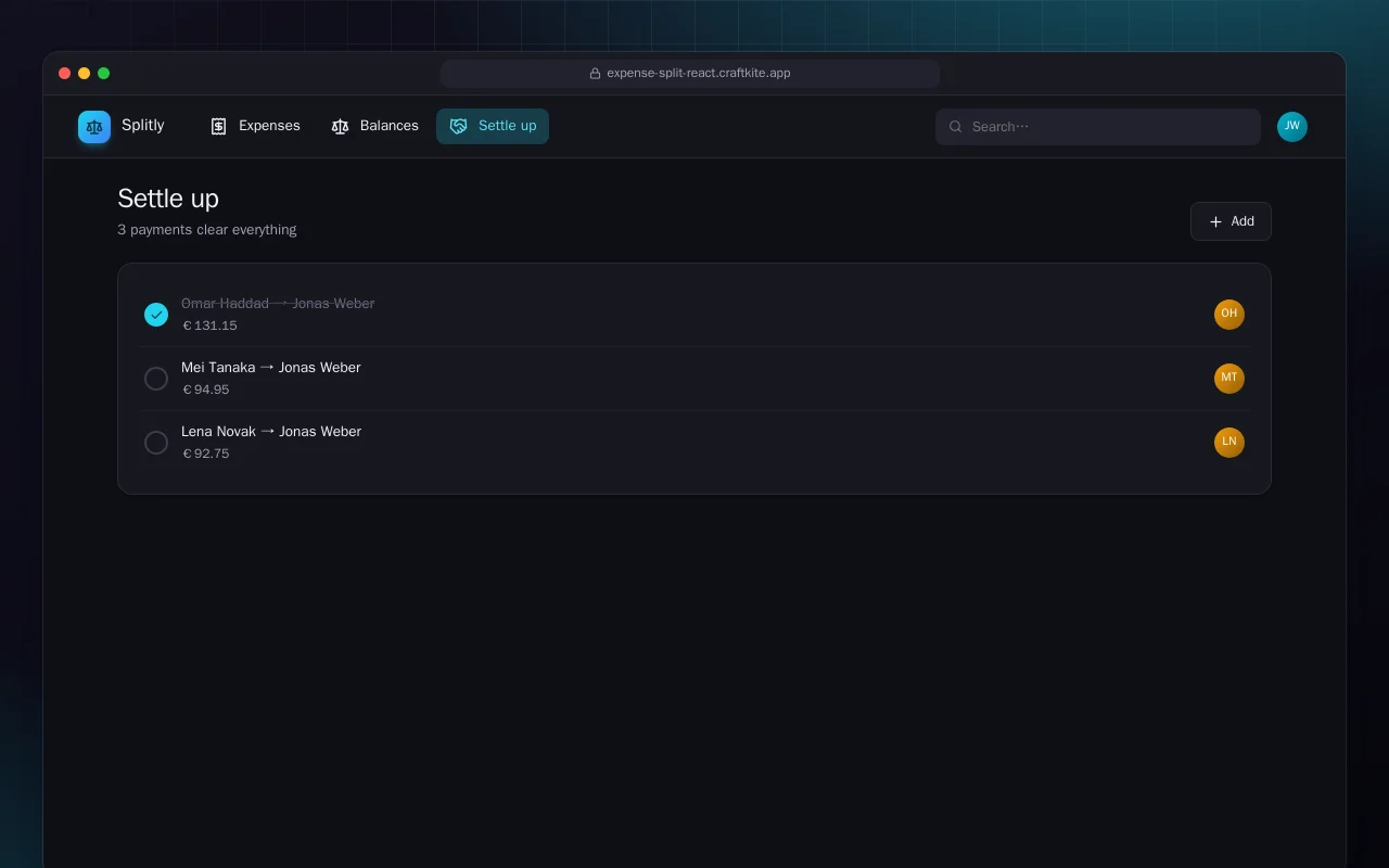 Split Expenses (React): the Settle up screen