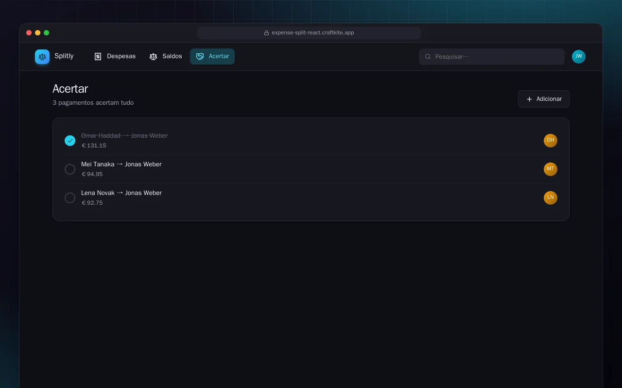 Dividir despesas (React): a tela Acertar