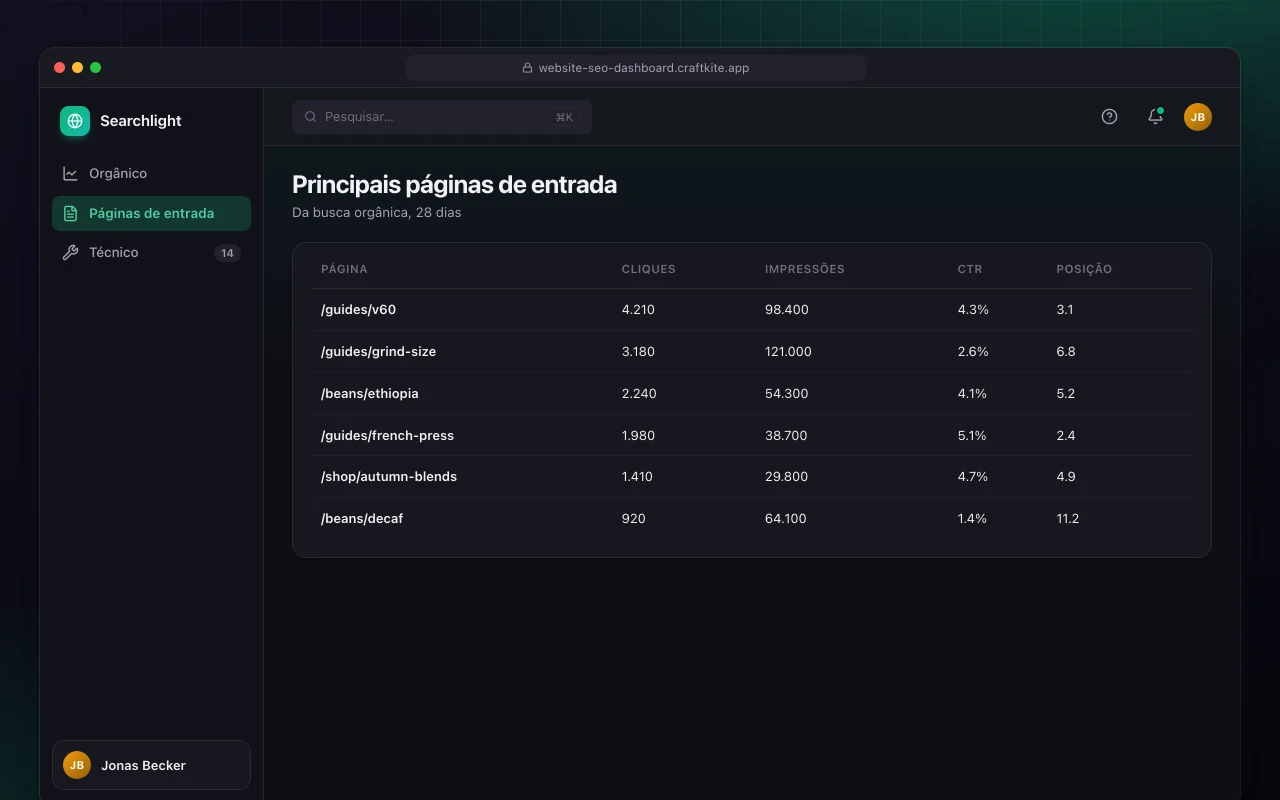 Painel de SEO do site: a tela Principais páginas de entrada
