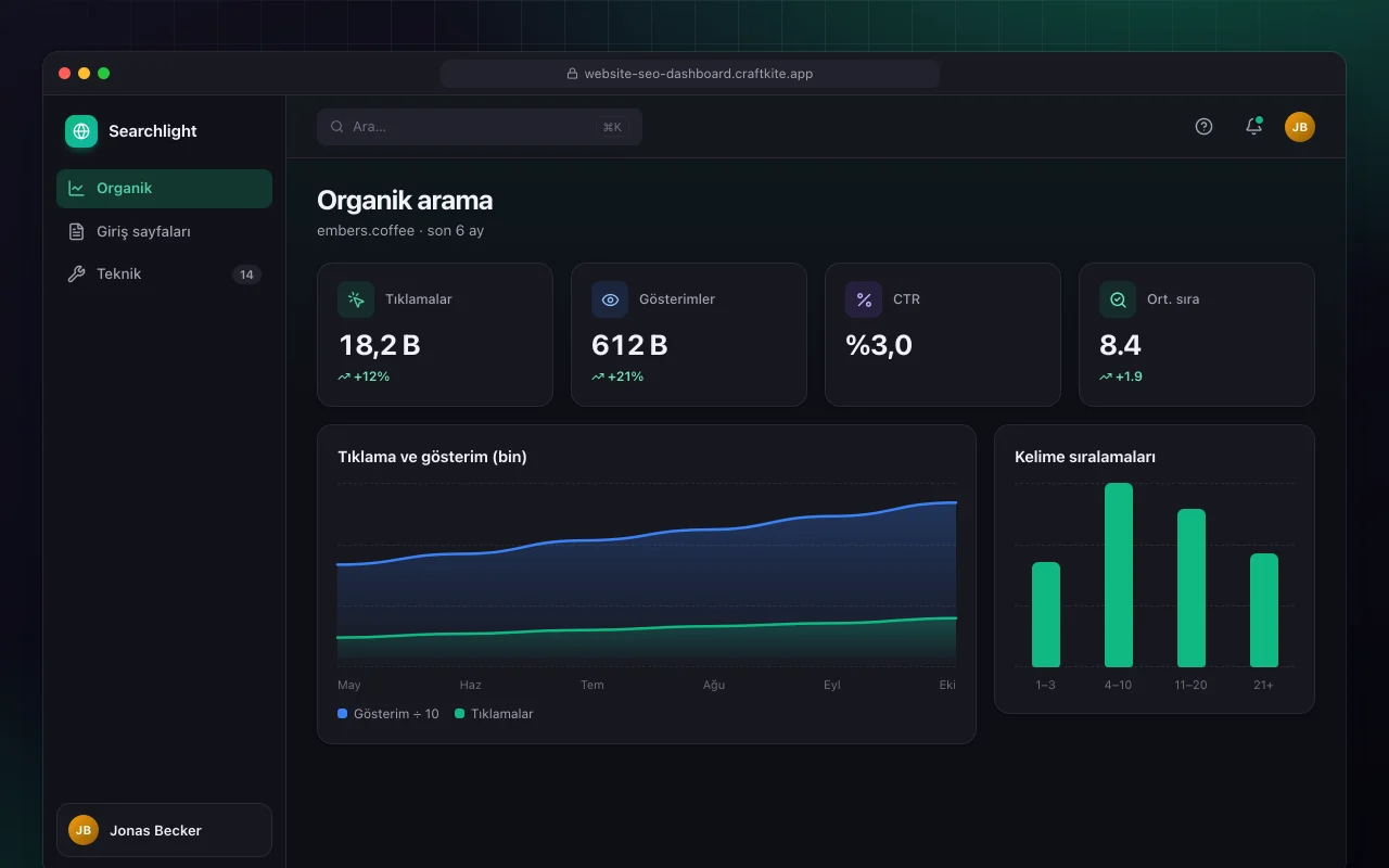 Web sitesi SEO panosu: Organik arama ekranı