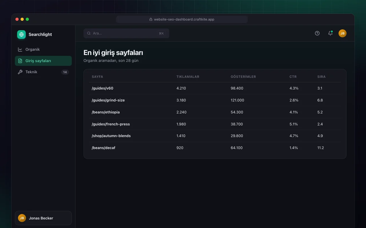 Web sitesi SEO panosu: En iyi giriş sayfaları ekranı