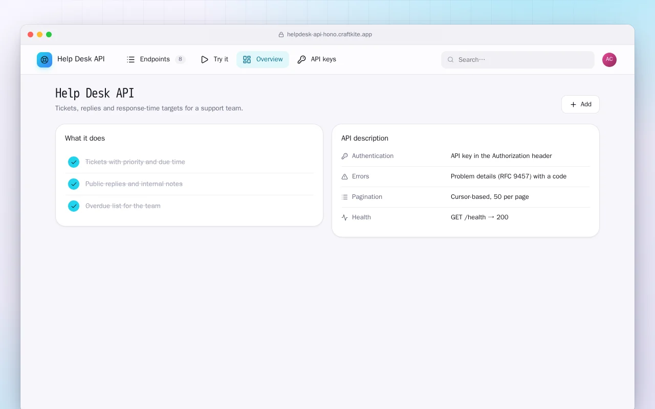 Help Desk API: the Help Desk API screen