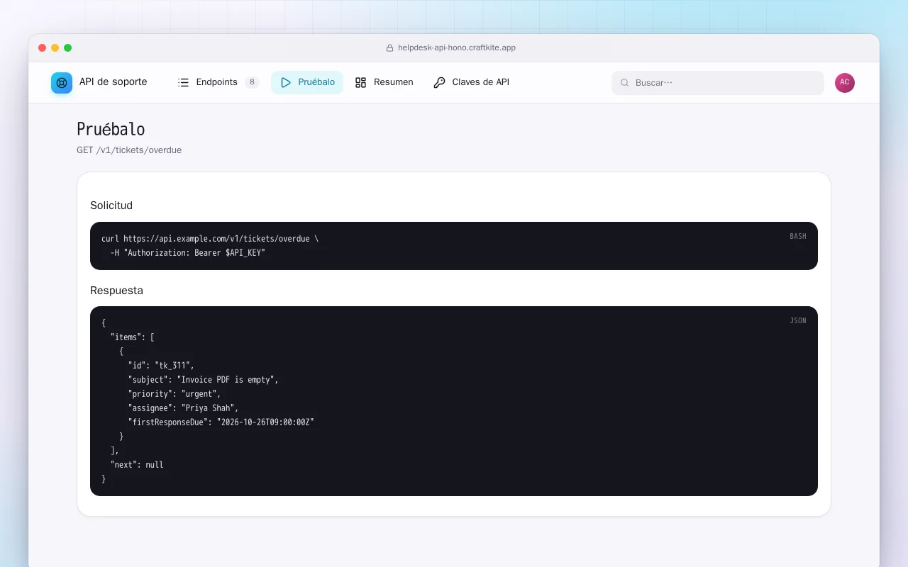 API de soporte: la pantalla Pruébalo