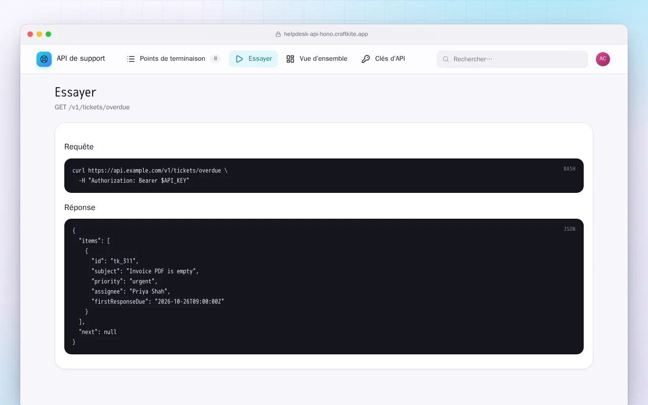 API de support : l’écran Essayer