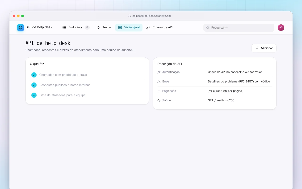 API de help desk: a tela API de help desk