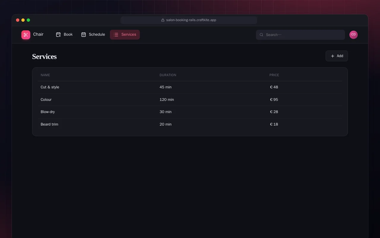 Salon Booking (Rails): the Services screen