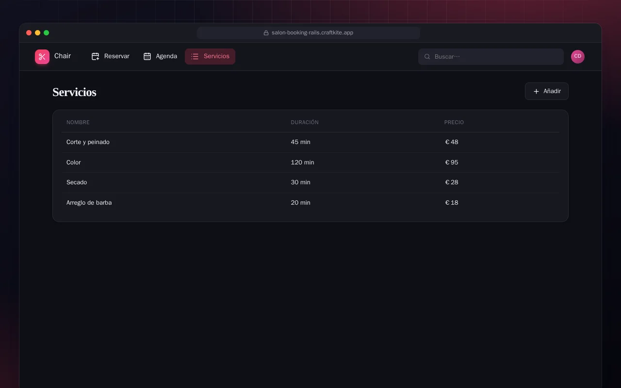 Reservas de peluquería (Rails): la pantalla Servicios