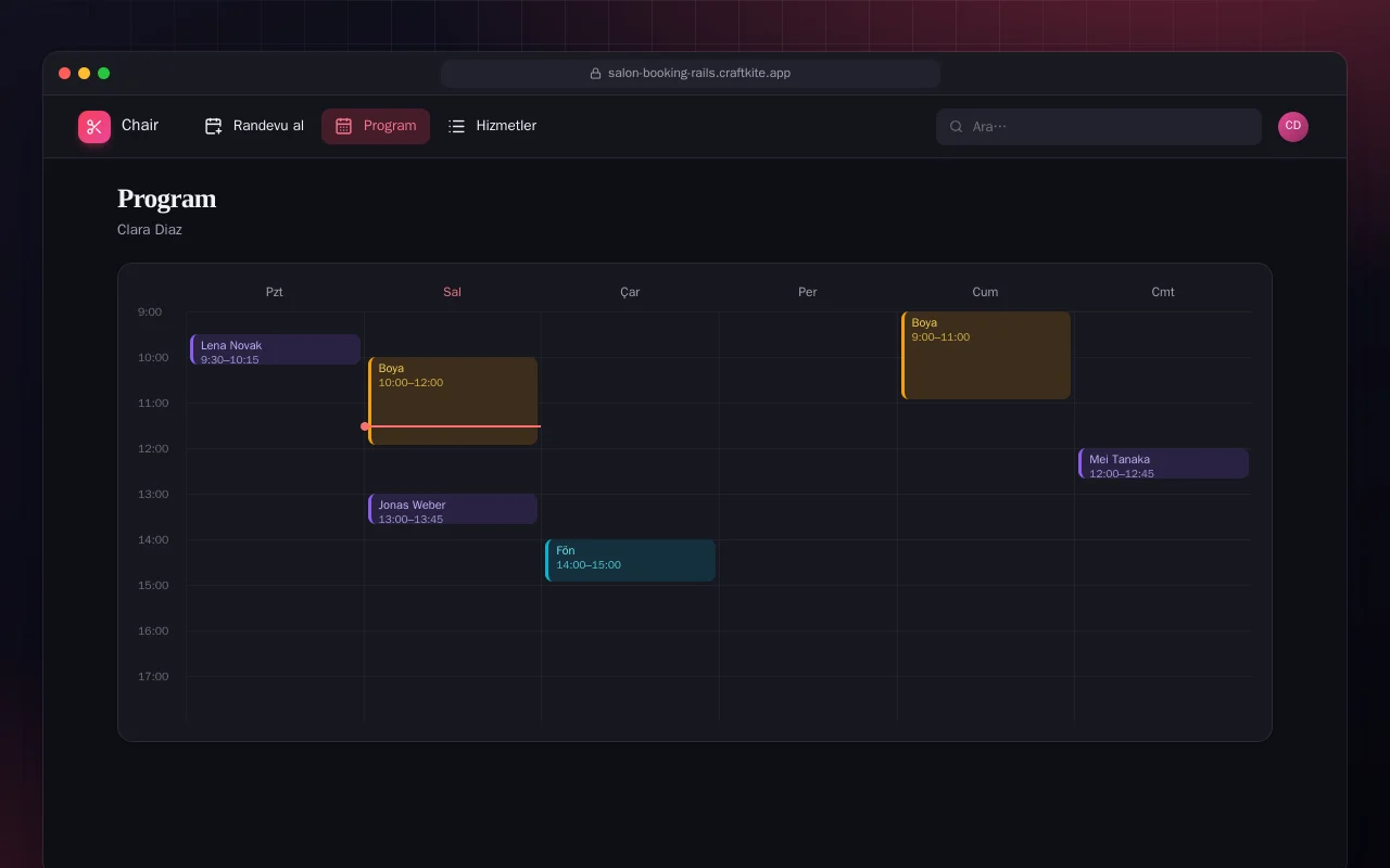 Kuaför Randevusu (Rails): Program ekranı