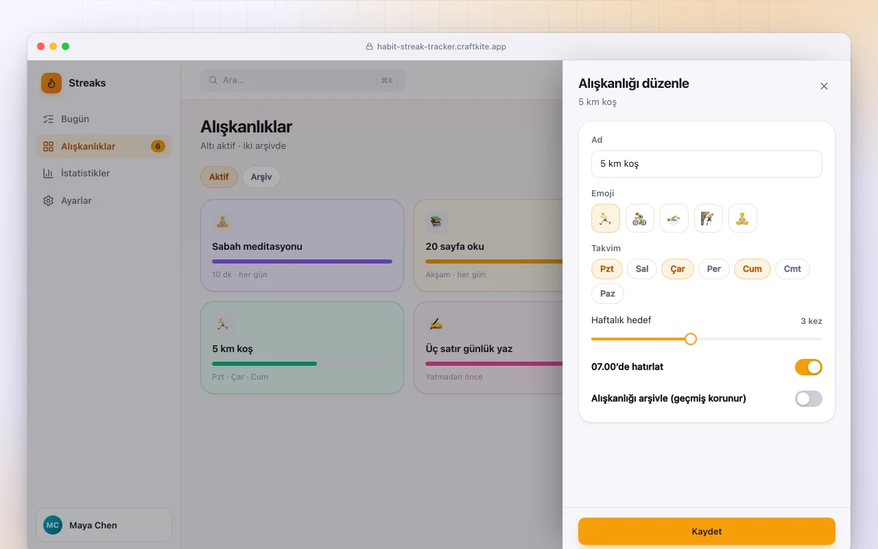 Alışkanlık serisi takipçisi: Alışkanlıklar ekranı