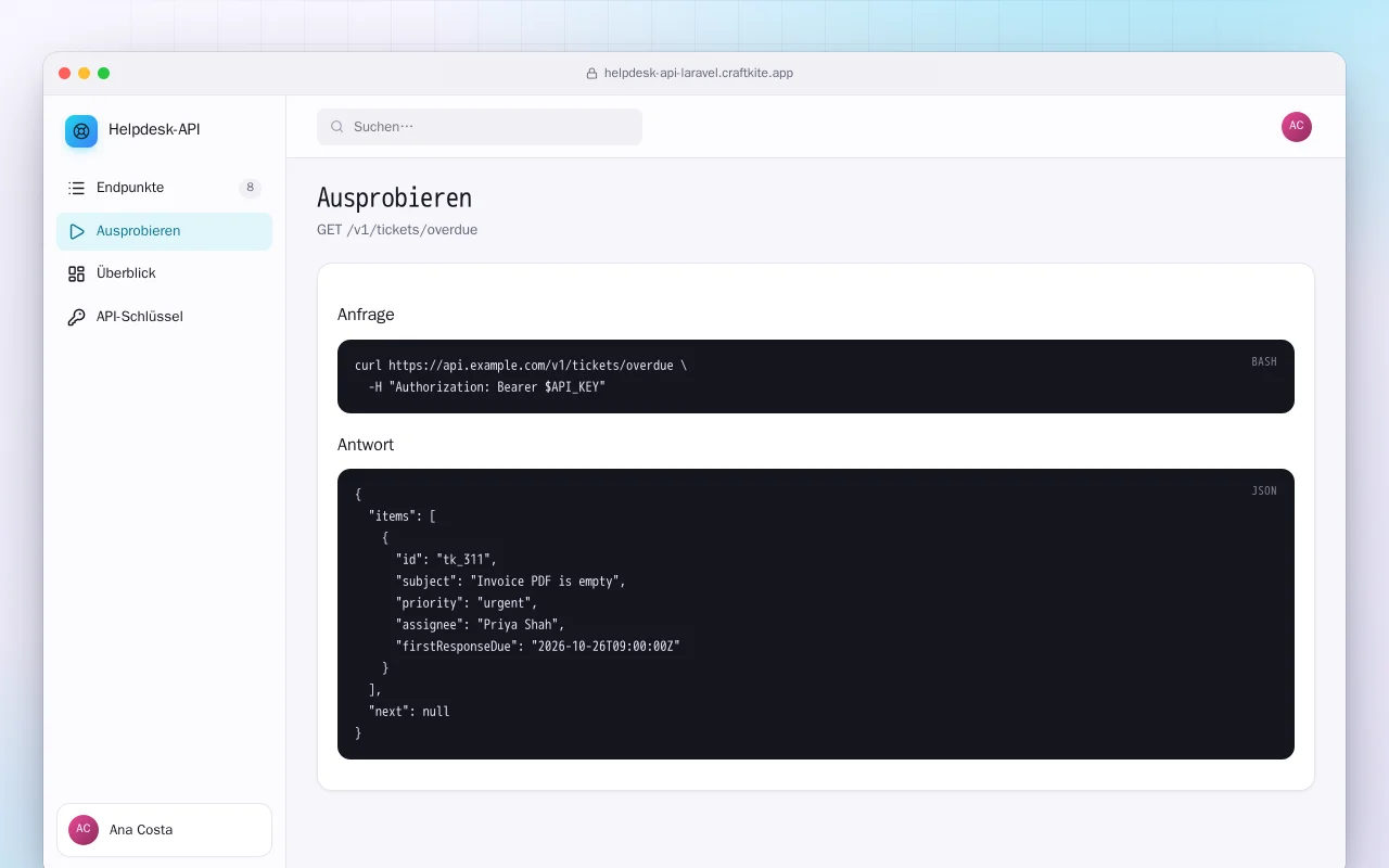 Helpdesk-API (Laravel): der Bildschirm „Ausprobieren“