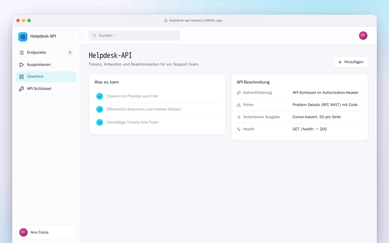 Helpdesk-API (Laravel): der Bildschirm „Helpdesk-API“