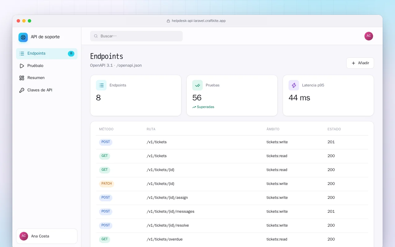 API de soporte (Laravel): la pantalla Endpoints
