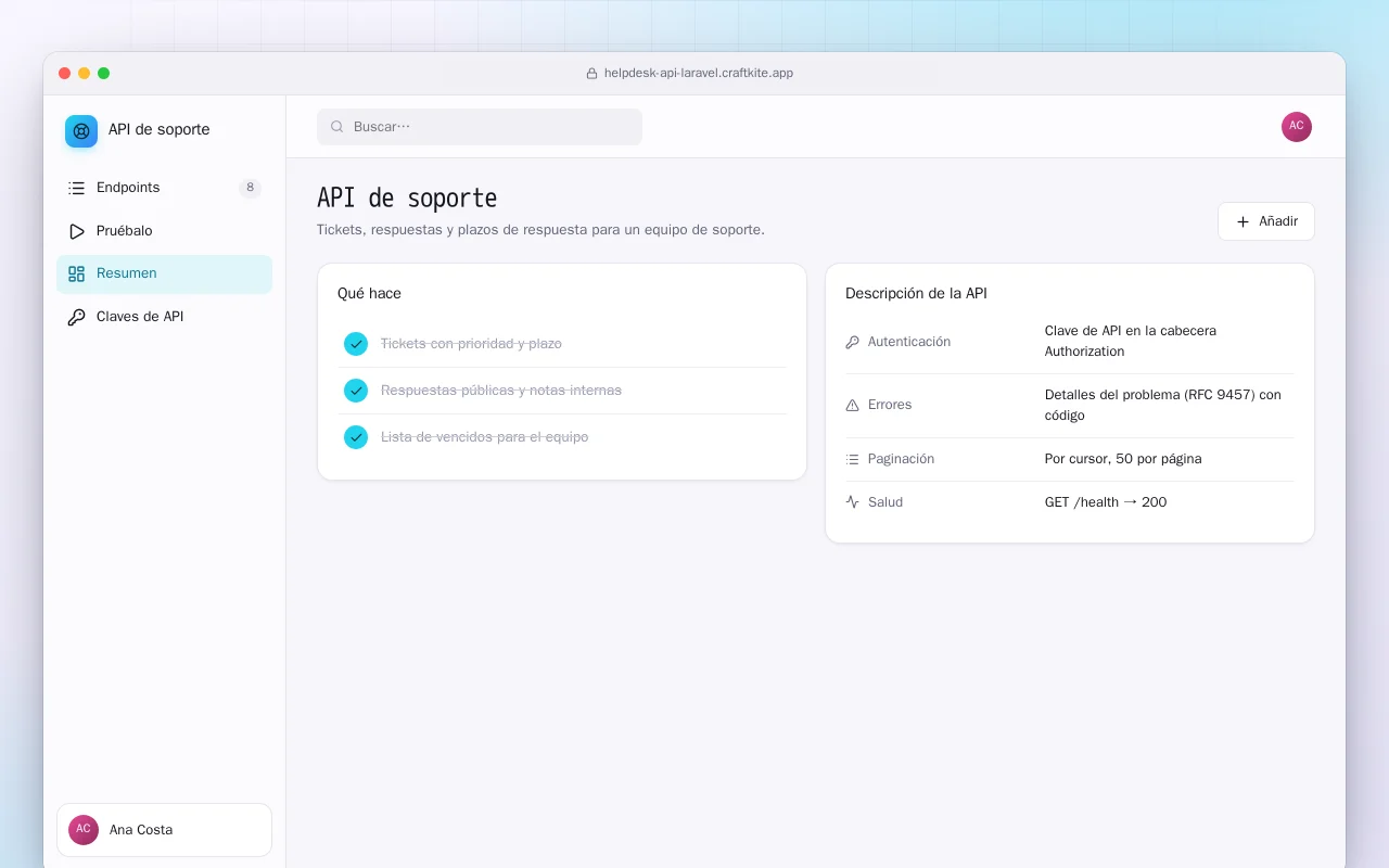 API de soporte (Laravel): la pantalla API de soporte