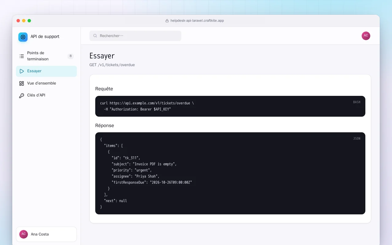 API de support (Laravel) : l’écran Essayer