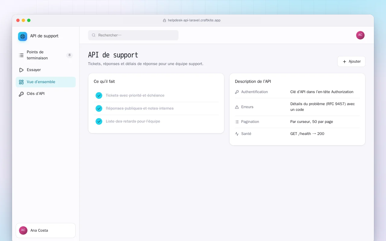 API de support (Laravel) : l’écran API de support