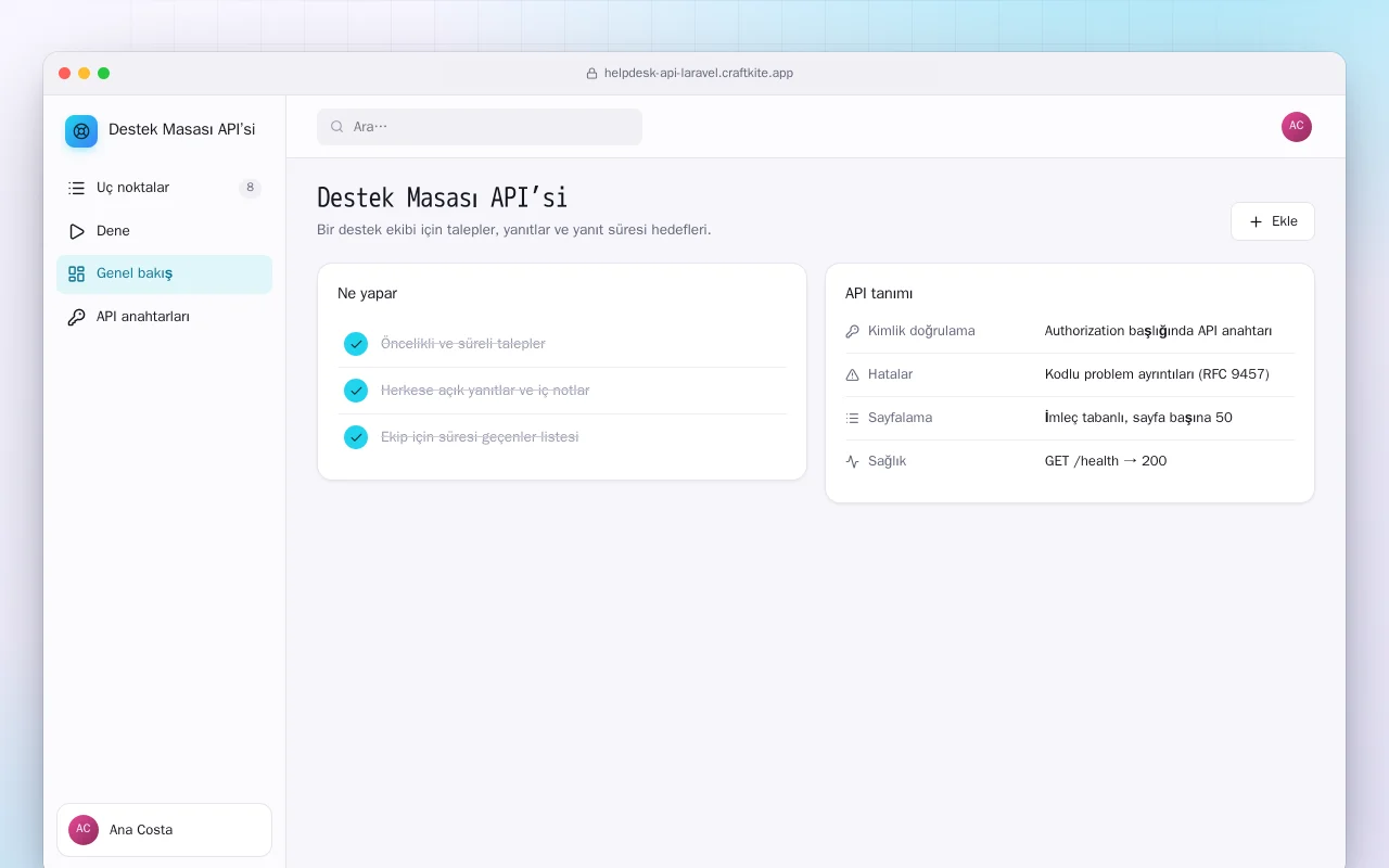 Destek Masası API’si (Laravel): Destek Masası API’si ekranı