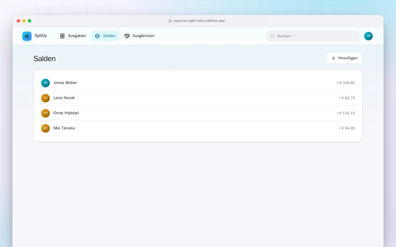 Kosten teilen (Rails): der Bildschirm „Salden“