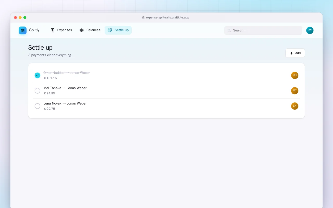 Split Expenses (Rails): the Settle up screen